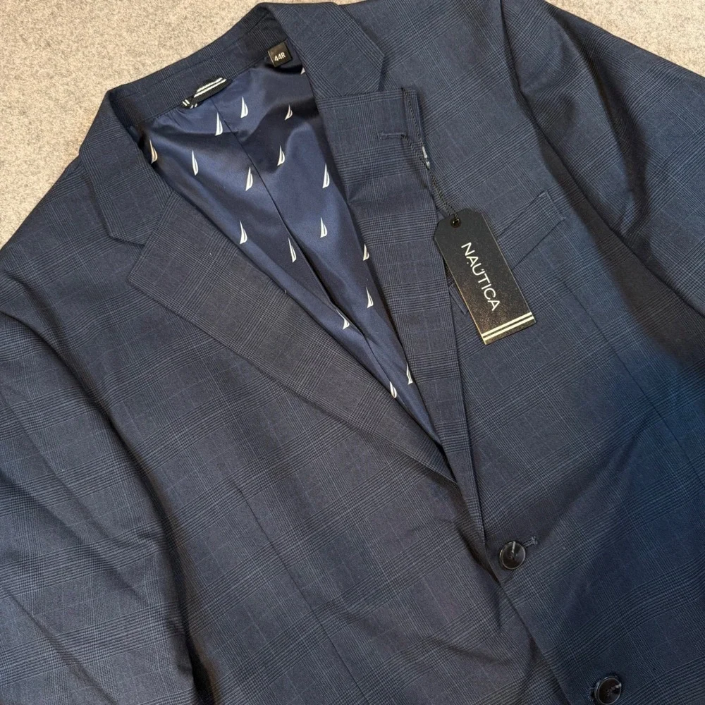 Nautica Mens 44R Modern Fit Active Stretch Blazer Gaff Blue Plaid NA00055